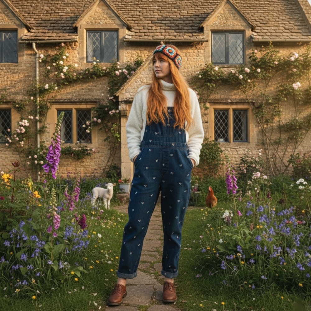 Cotton Floral Embroidery Casual Adjustable Strap Cuffed Hem Denim Bib Overalls